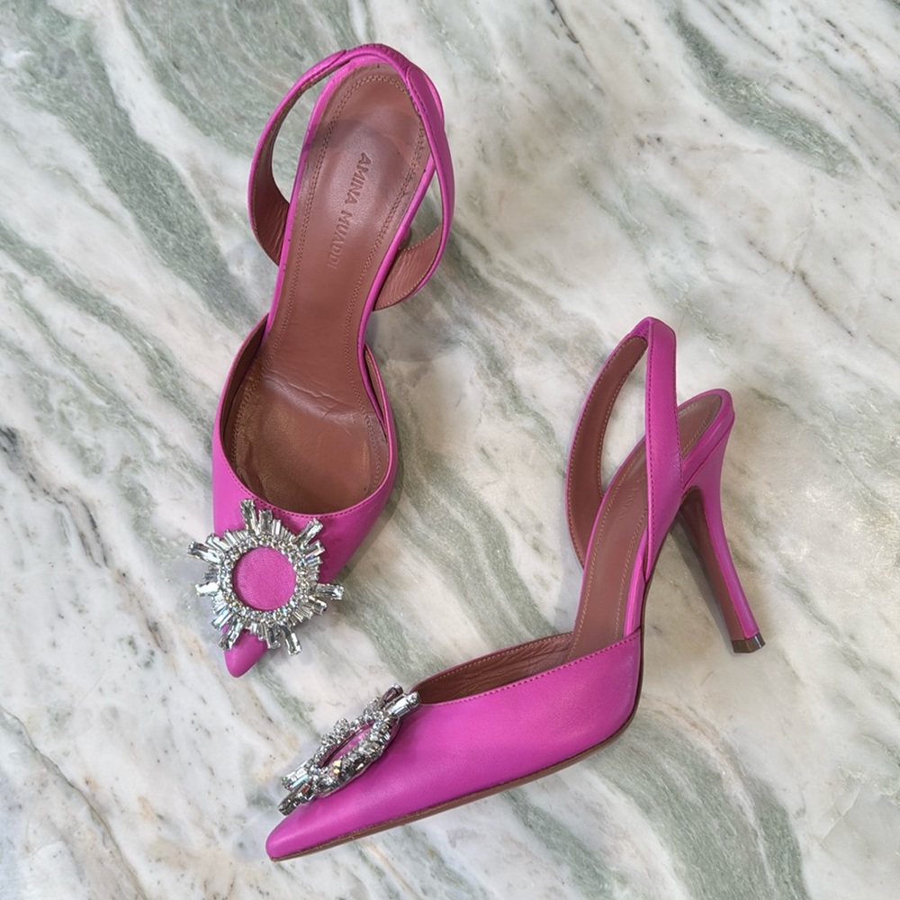 Amina Muaddi pink leather  begum pumps slingback heels